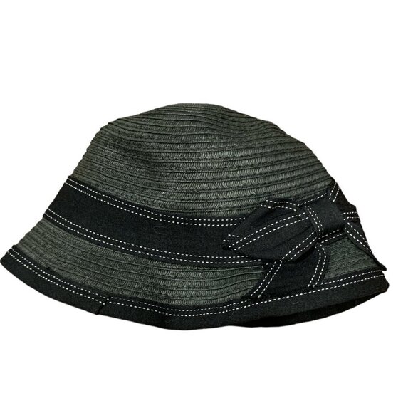 Women's Cloche Hat with Bow Black Paper Woven Foldable Packable 119E - Picture 2 of 10